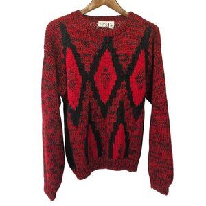 80s Nicolas Allen Sweater Men Sz XL Red Black Acrylic Knit Geometric Pattern